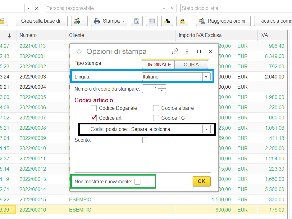 Parametri di stampa documento