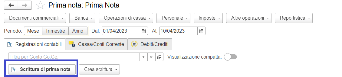 Creazione scrittura di Prima Nota