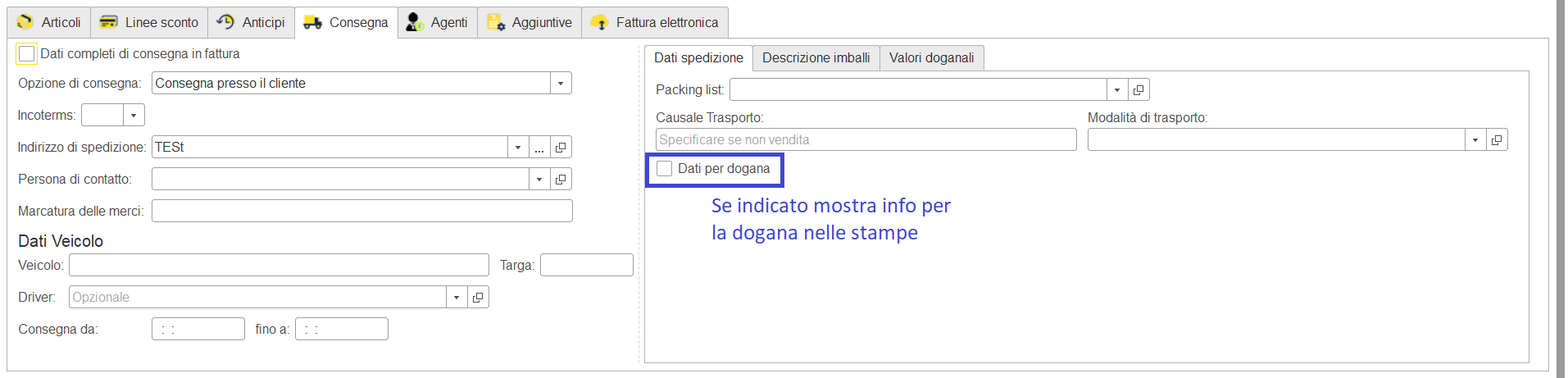 Info spedizione in fattura