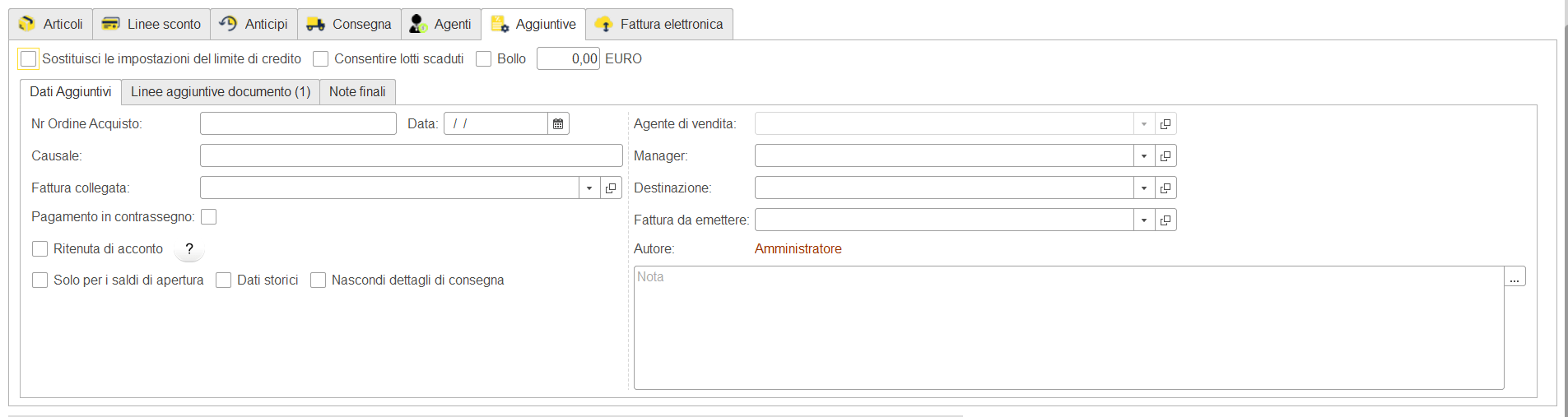 Informazioni aggiuntive fattura di vendita