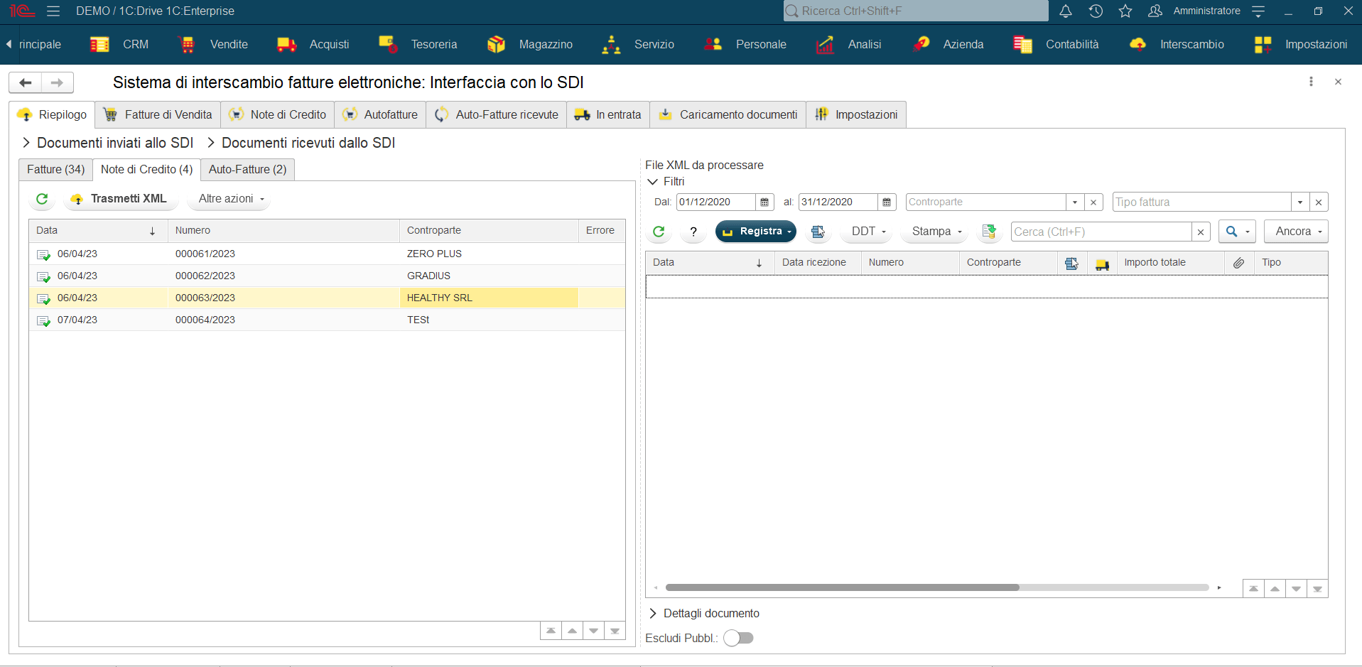 Nota di credito inviata allo SDI