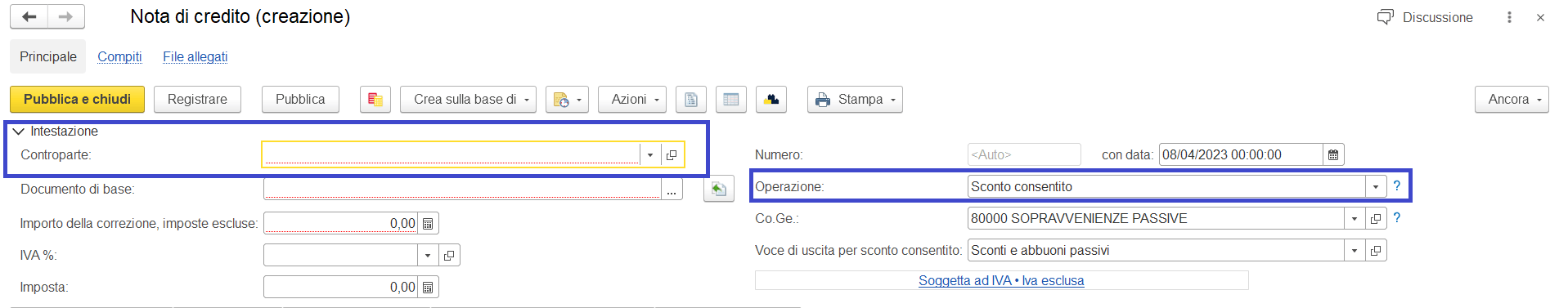 Creare una nuova nota di credito