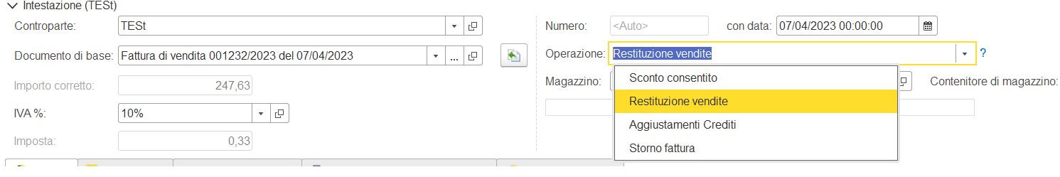 Operazione nota di credito