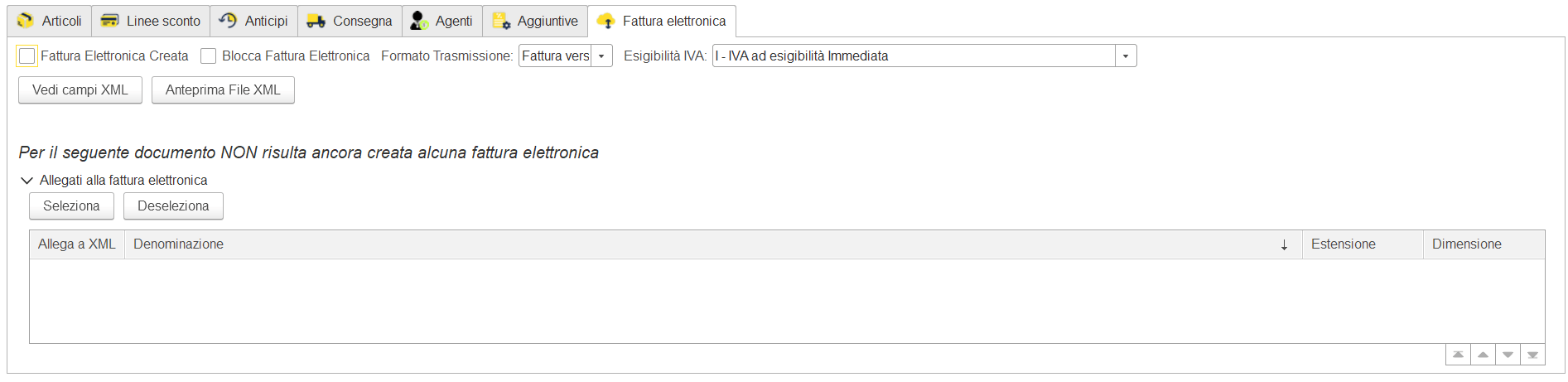 Sezione Fattura elettronica nei documenti