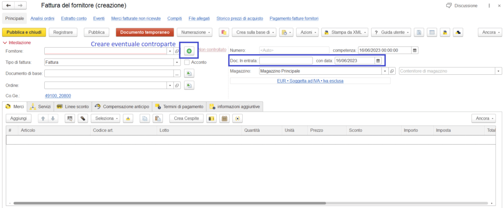 Creazione fattura fornitore su gestionale