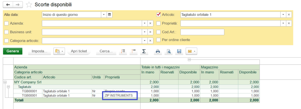 Report scorte disponibili