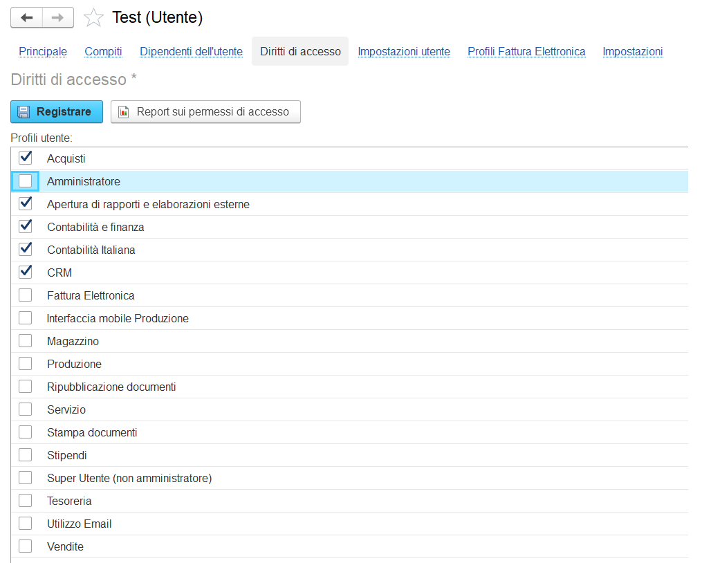 Elenco permessi di accesso nel gestionale